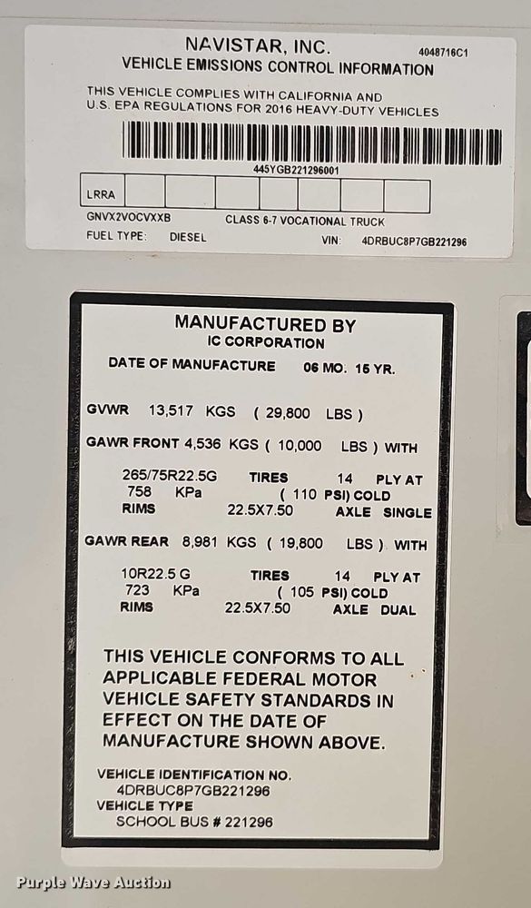 image for item DR3853 2016 IC 3000 school bus