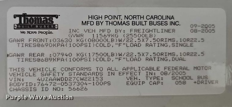 image for item DR3854 2007 Thomas Built school bus