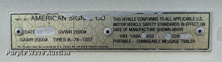 image for item DS3797 2001 American Signal Co arrow board trailer