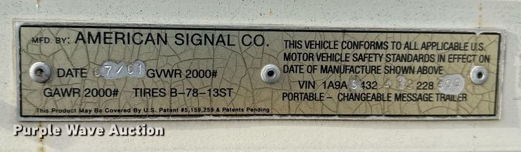 image for item DS3798 2001 American Signal Co arrow board trailer