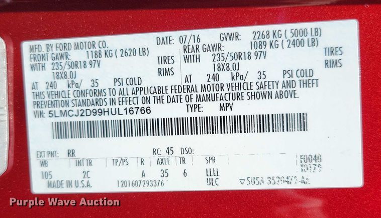 image for item DX7144 2017 Lincoln MKC SUV