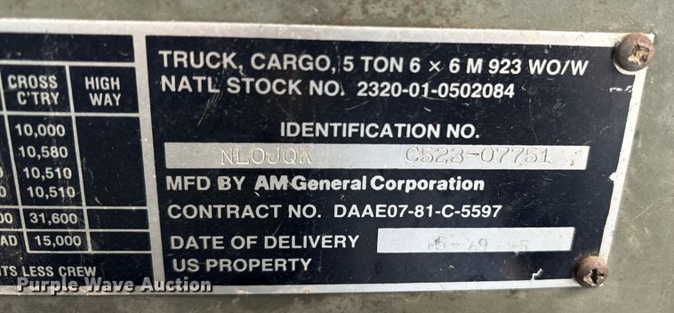 image for item DY0747 1985 AM General M923 flatbed truck