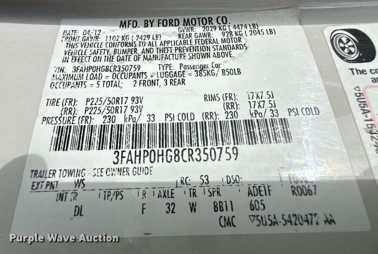 image for item DZ8668 2012 Ford Fusion SE  