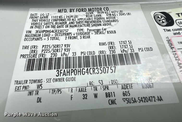 image for item DZ8669 2012 Ford Fusion SE 