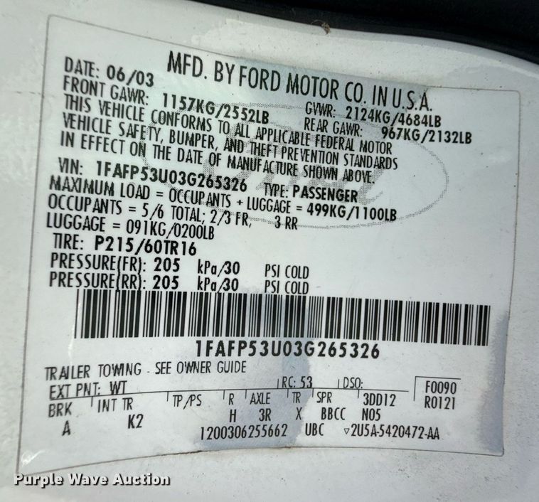 image for item DZ8673 2003 Ford Taurus SE  