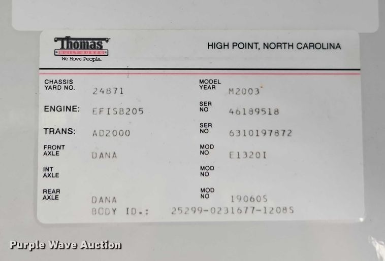 image for item EB8161 2003 Thomas Built MVP school bus