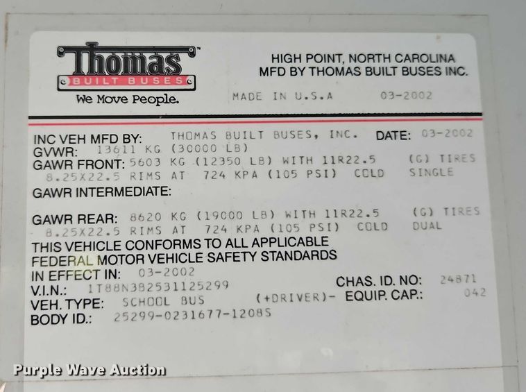 image for item EB8161 2003 Thomas Built MVP school bus