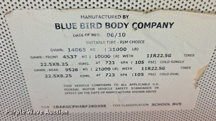 image for item EF3628 2011 Blue Bird Vision school bus