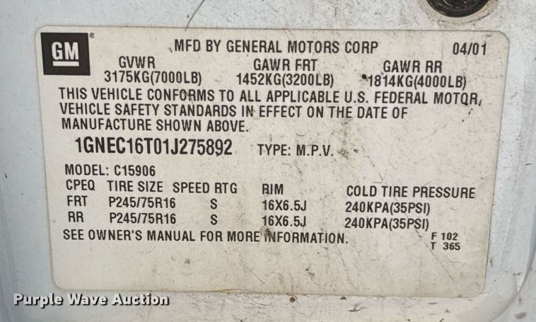 image for item EJ4719 2001 Chevrolet Suburban C1500 SUV