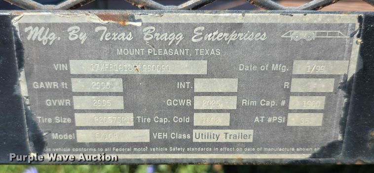 image for item EK5429 1999 Texas Bragg utility trailer