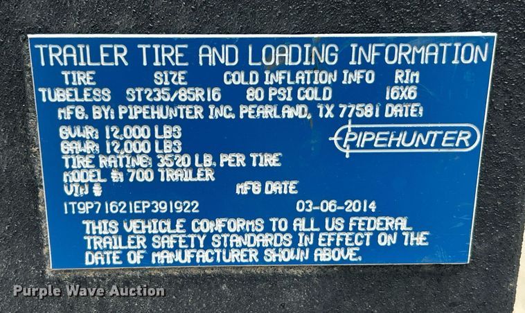 image for item EK8265 2014 Pipehunter 700 sewer jetter trailer