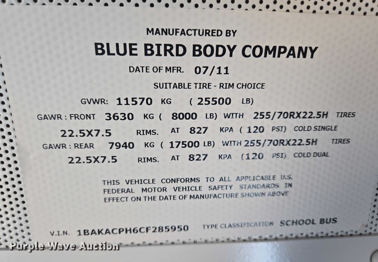 image for item EN8247 2012 Blue Bird Vision school bus