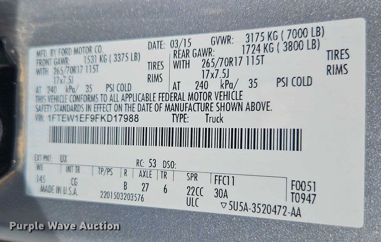 image for item EO4516 2015 Ford F150 SuperCrew pickup truck