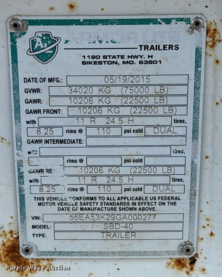 image for item HI9291 2016 Armor Lite SBD-40 bottom dump trailer