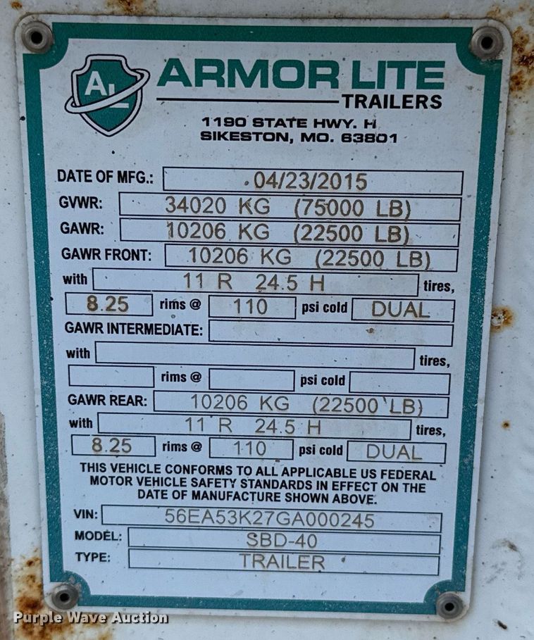 image for item HI9292 2016 Armor Lite SBD-40 bottom dump trailer