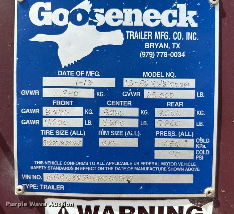 image for item DK6981 2013 Gooseneck Trailer  13-32x68B7.2B1 livestock trailer