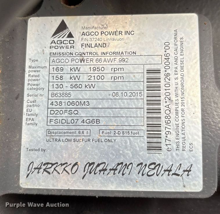 image for item EL2165 2016 Massey Ferguson 7720 MFWD tractor