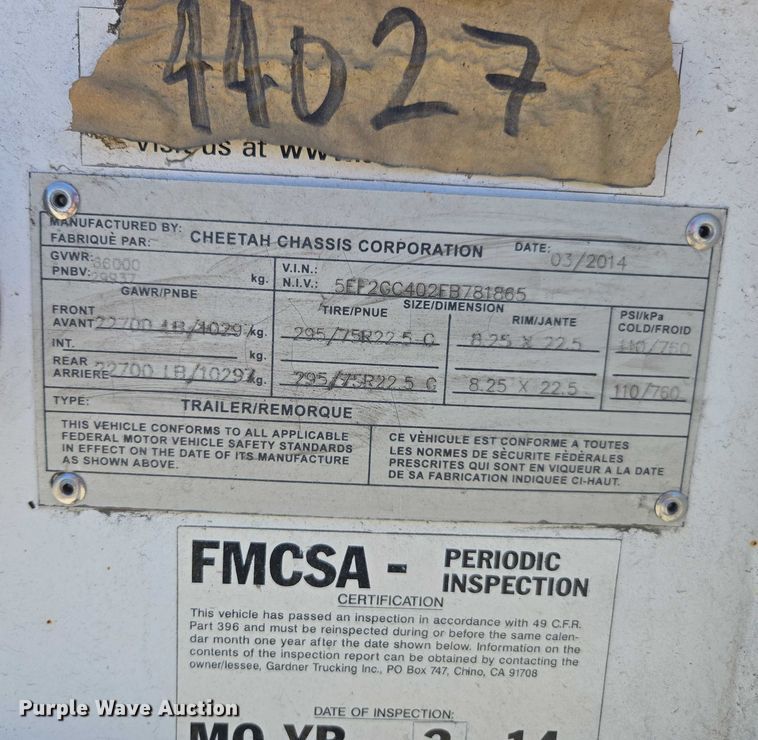 image for item DH8724 2015 Cheetah FB container trailer