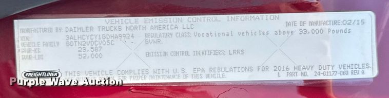 image for item DI9369 2016 Freightliner Business Class M2 truck cab and chassis