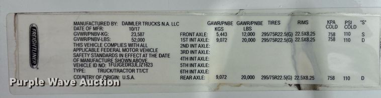 image for item EC4349 2018 Freightliner Cascadia 125 semi truck