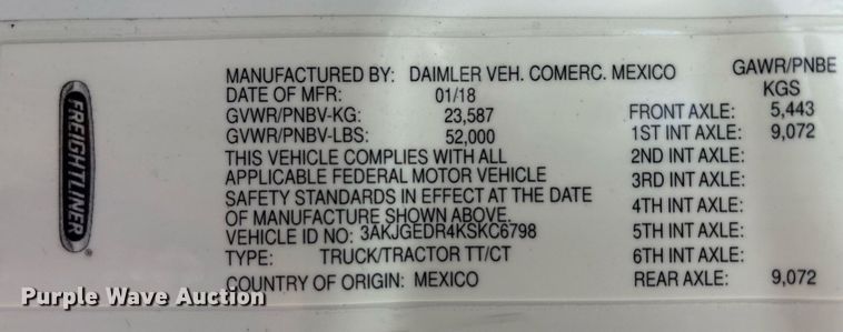 image for item EC4350 2019 Freightliner Cascadia 125 semi truck