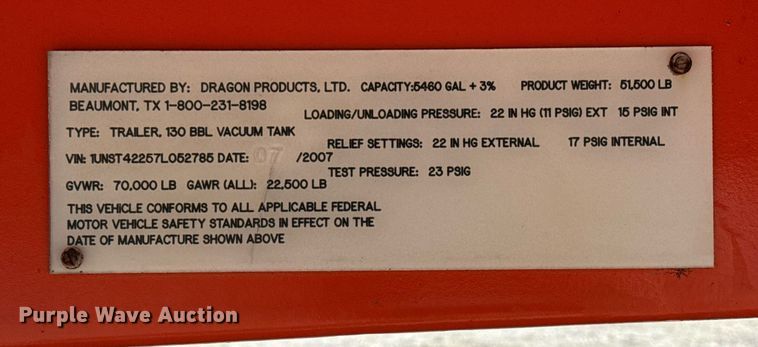 image for item EG6009 2007 Dragon Products Vacuum tank trailer