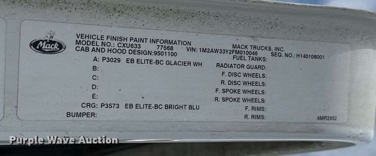 image for item EJ4614 2015 Mack CXU633 semi truck