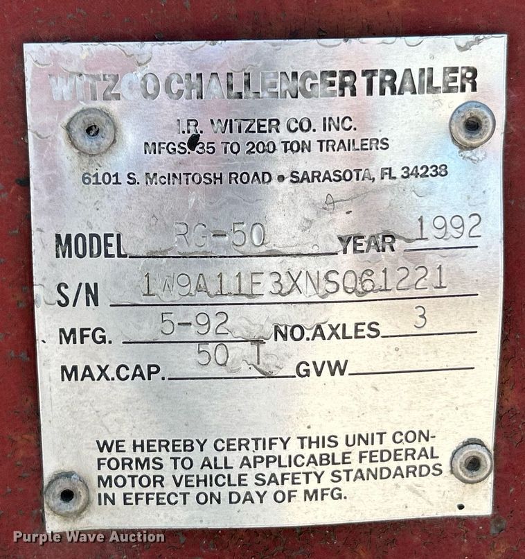 image for item EK8267 1992 Witzco Challenger RG-50 lowboy equipment trailer