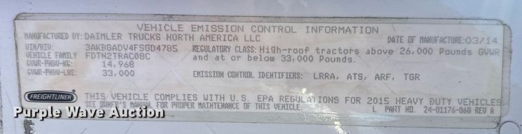 image for item EN4630 2015 Freightliner Cascadia 113 semi truck