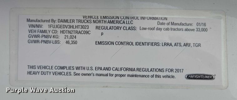 image for item ER5260 2017 Freightliner Cascadia 125 semi truck