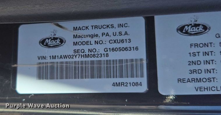 image for item FB9410 2017 Mack CXU613 semi truck