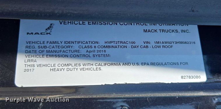 image for item FB9411 2017 Mack CXU613 semi truck