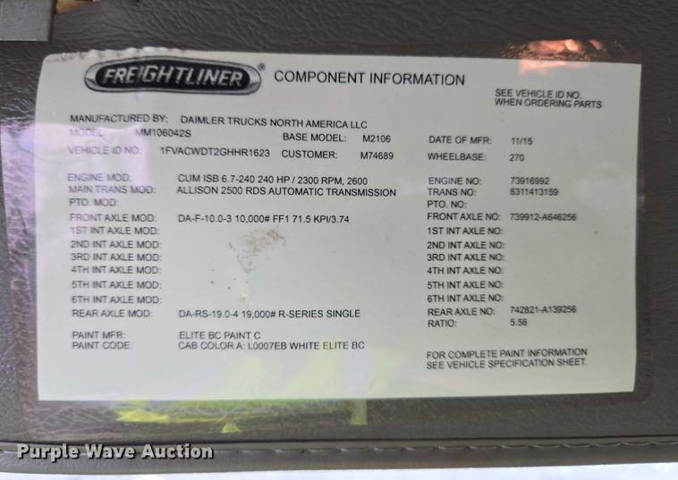 image for item YA0610 2016 Freightliner Business Class M2 box truck