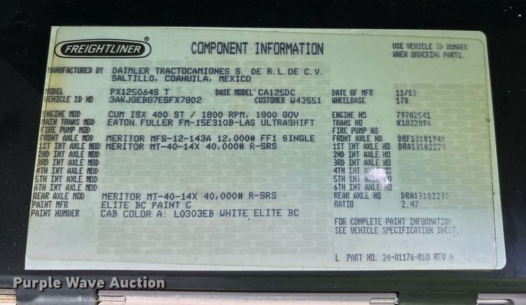 image for item YA0631 2014 Freightliner Cascadia 125 semi truck