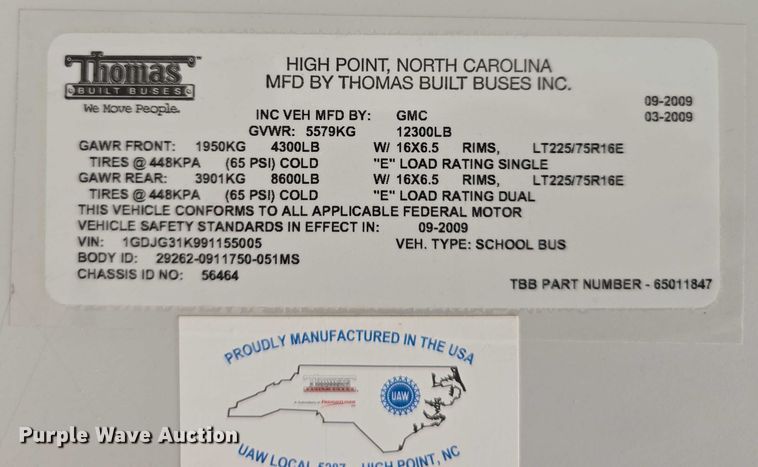image for item DF8563 2009 Thomas Built Bus Co. GMC Savana G3500 school bus
