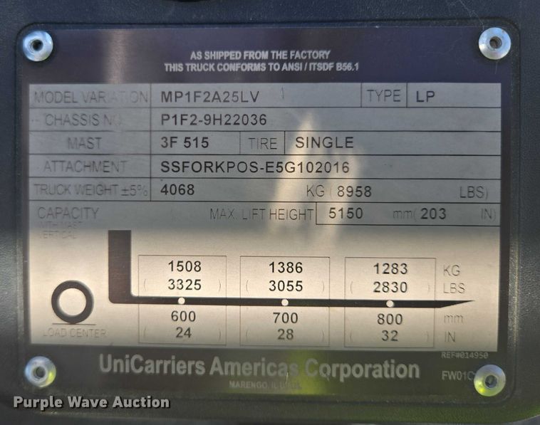 image for item DT7247 2017 UniCarriers PF50 forklift