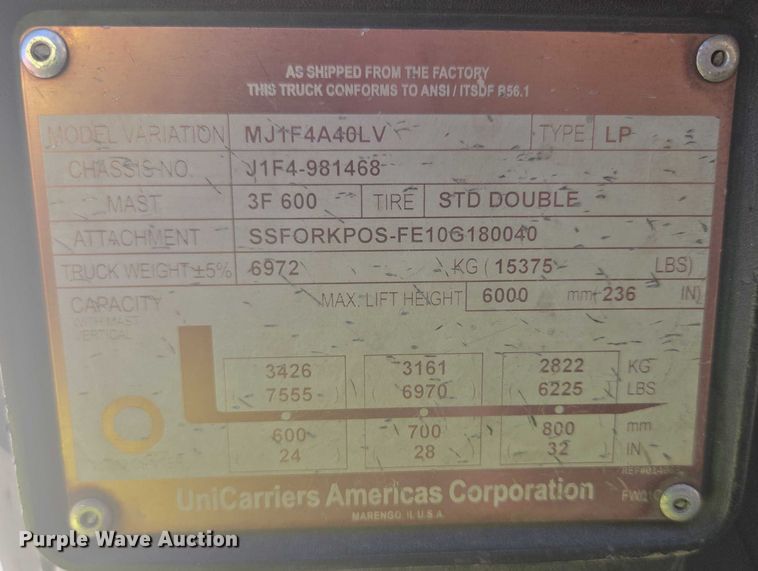 image for item DT7248 2016 UniCarriers PF90YLP forklift