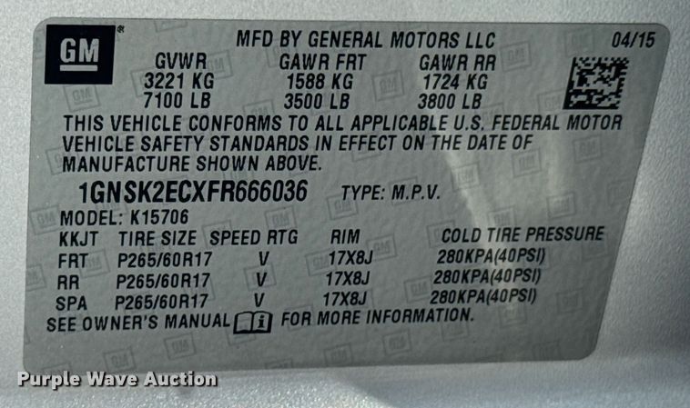 image for item DU9337 2015 Chevrolet Tahoe Police SUV