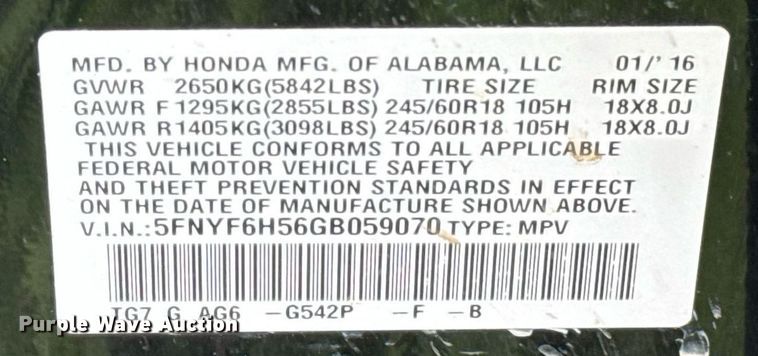 image for item DW5136 2016 Honda Pilot  SUV