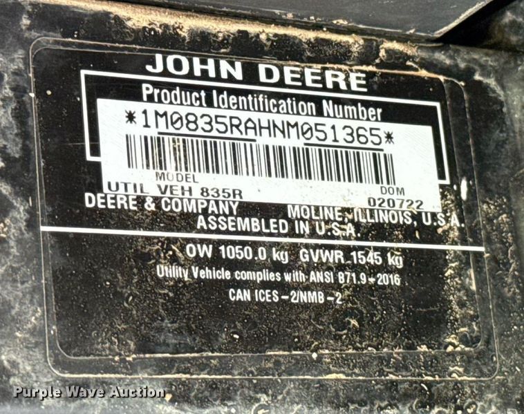 image for item DW5139 2022 John Deere XUV835R utility vehicle
