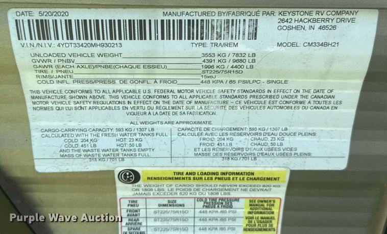 image for item DW5144 2021 Coleman  Keystone CM334BH21 camper