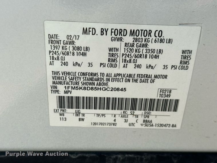 image for item DY0356 2017 Ford Explorer XLT SUV