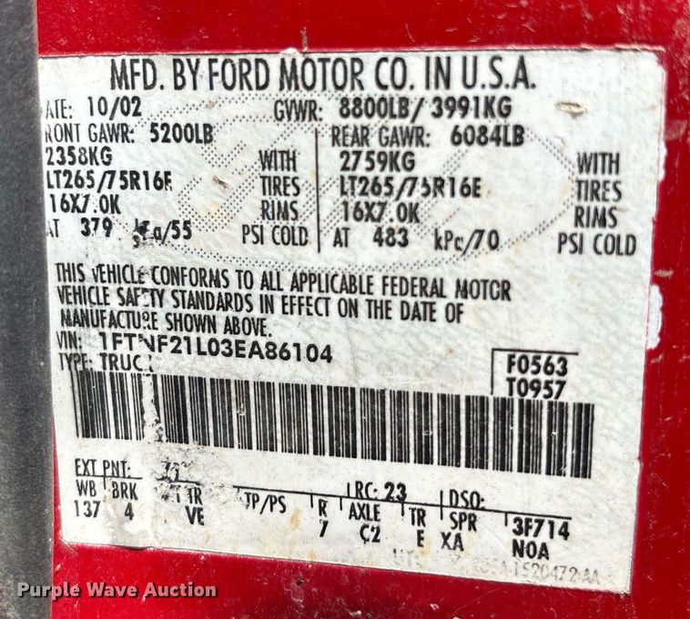 image for item DY0360 2003 Ford F250 flatbed pickup truck