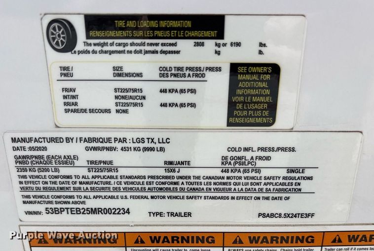 image for item DY0730 2021 LGS Trailers PSABC8.5X24TE3FF enclosed cargo trailer