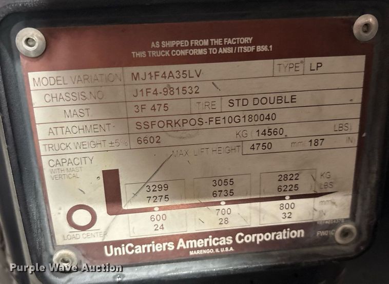 image for item DY0742 2016 UniCarriers PF80YLP forklift