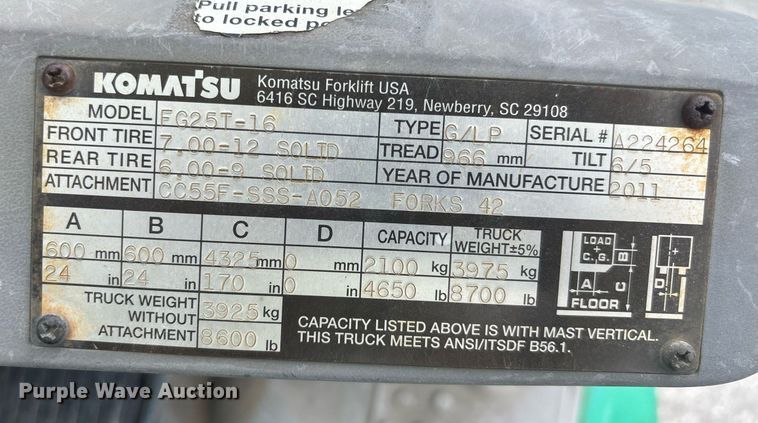 image for item EC3742 2011 Komatsu FG25T-16 forklift