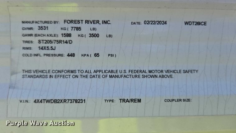 image for item EC4302 2024 Forest River Wildwood camper