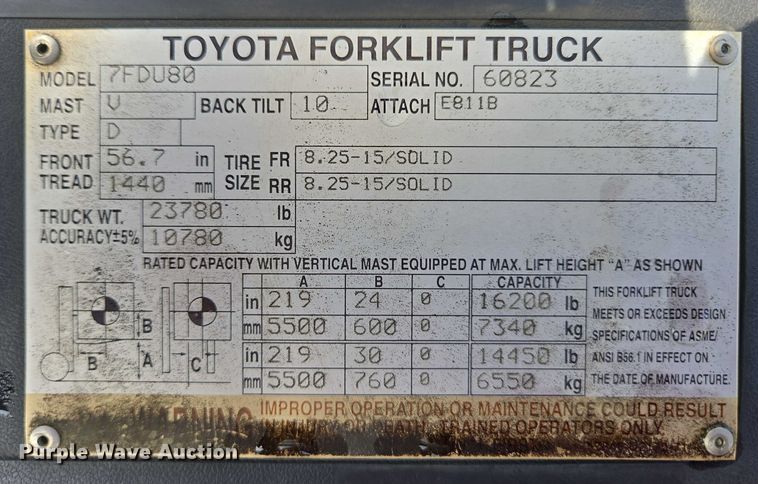 image for item EC4329 2011 Toyota 7FDU80 forklift