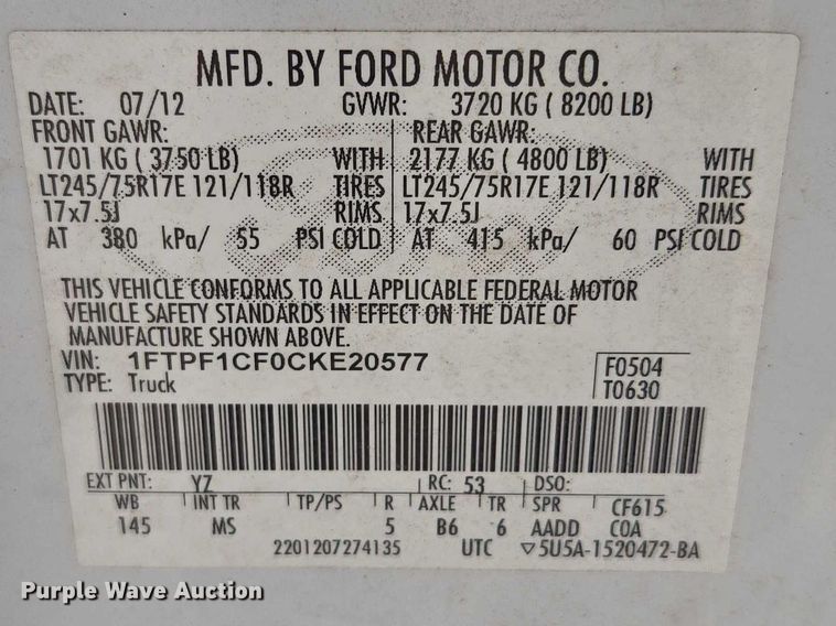 image for item EF1756 2012 Ford F150 pickup truck