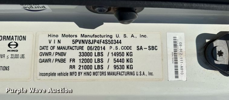 image for item EG6007 2015 Hino 338 truck cab and chassis